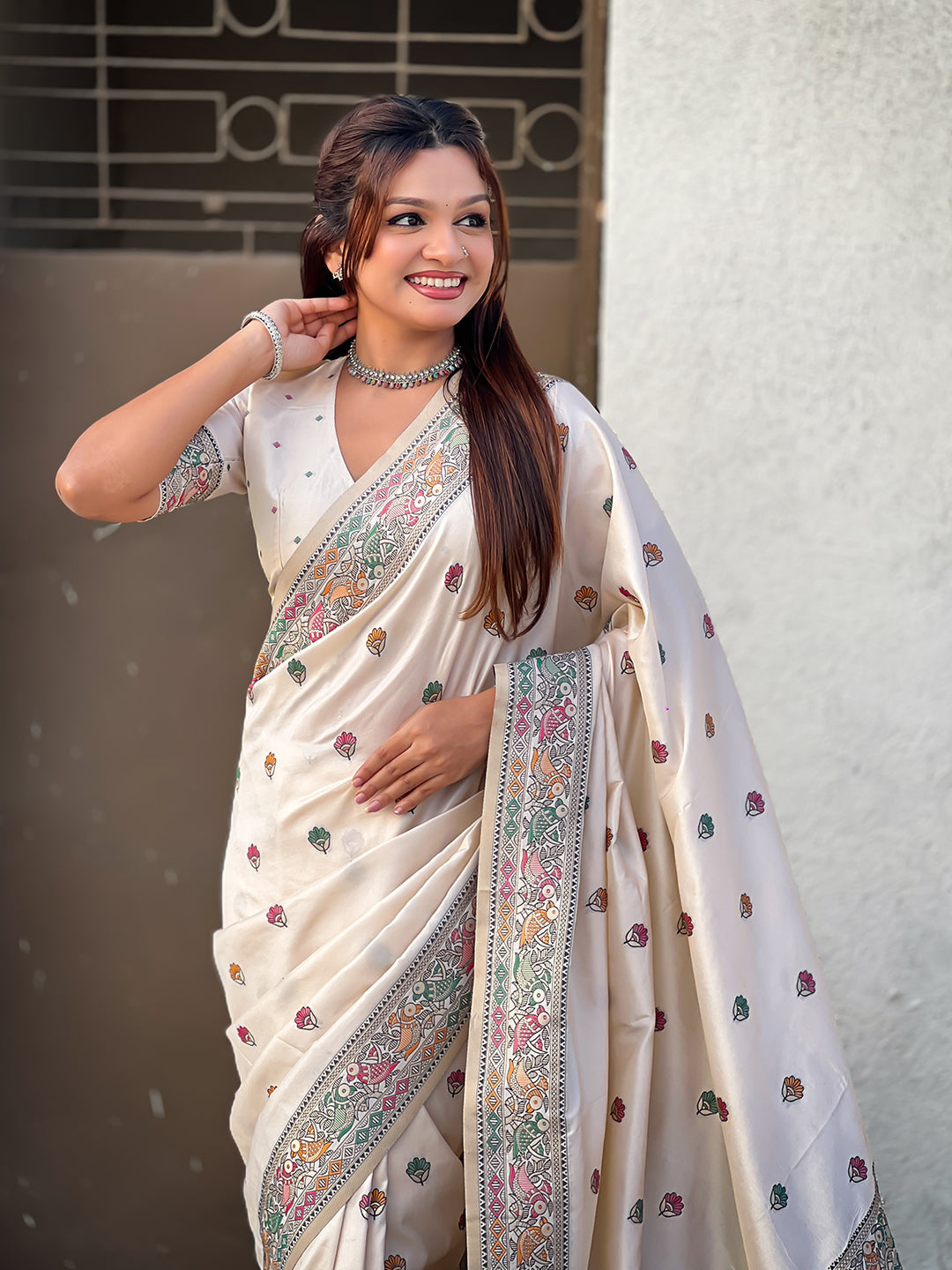 Cream baluchari silk zari woven saree
