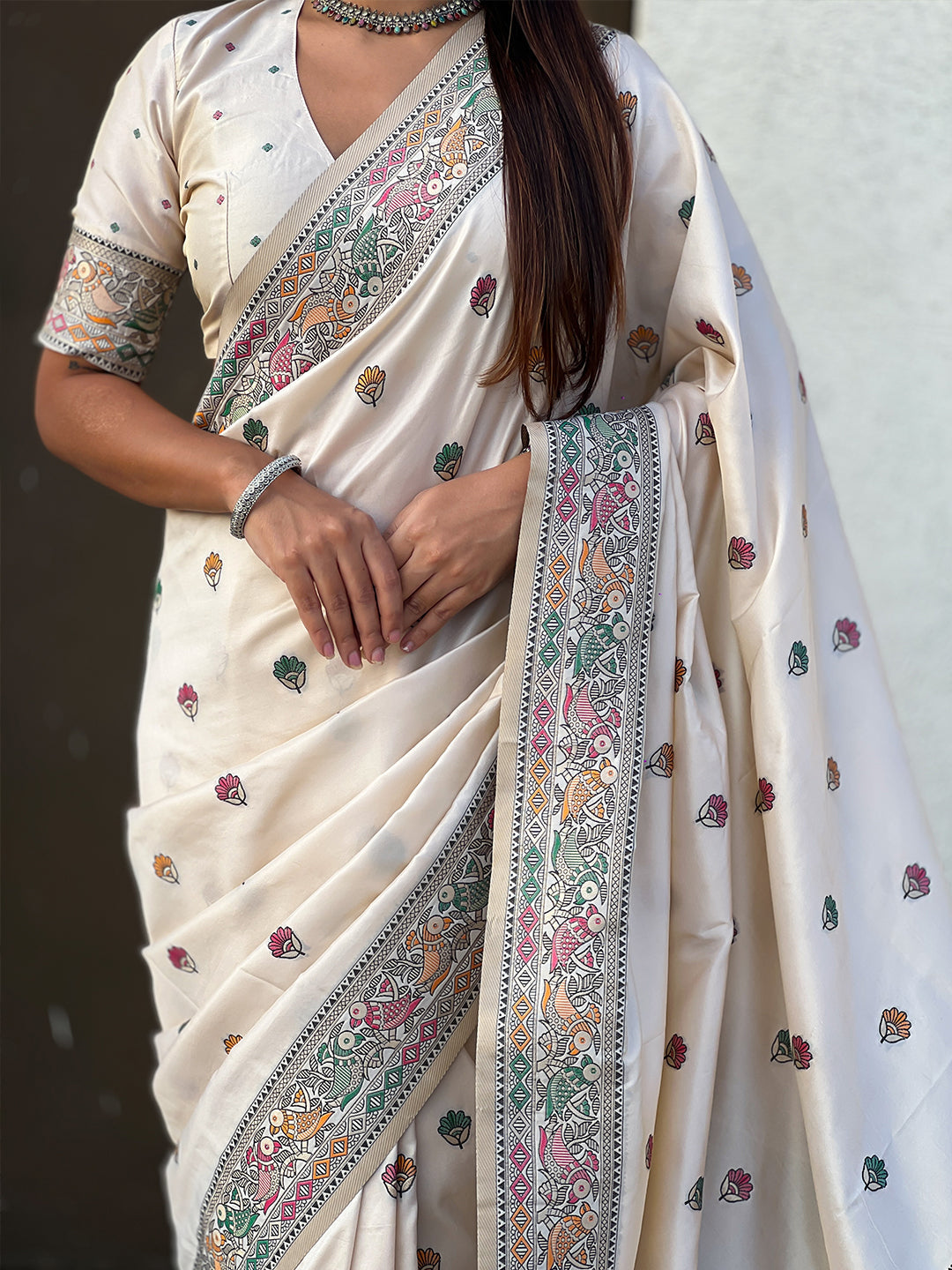 Cream baluchari silk zari woven saree