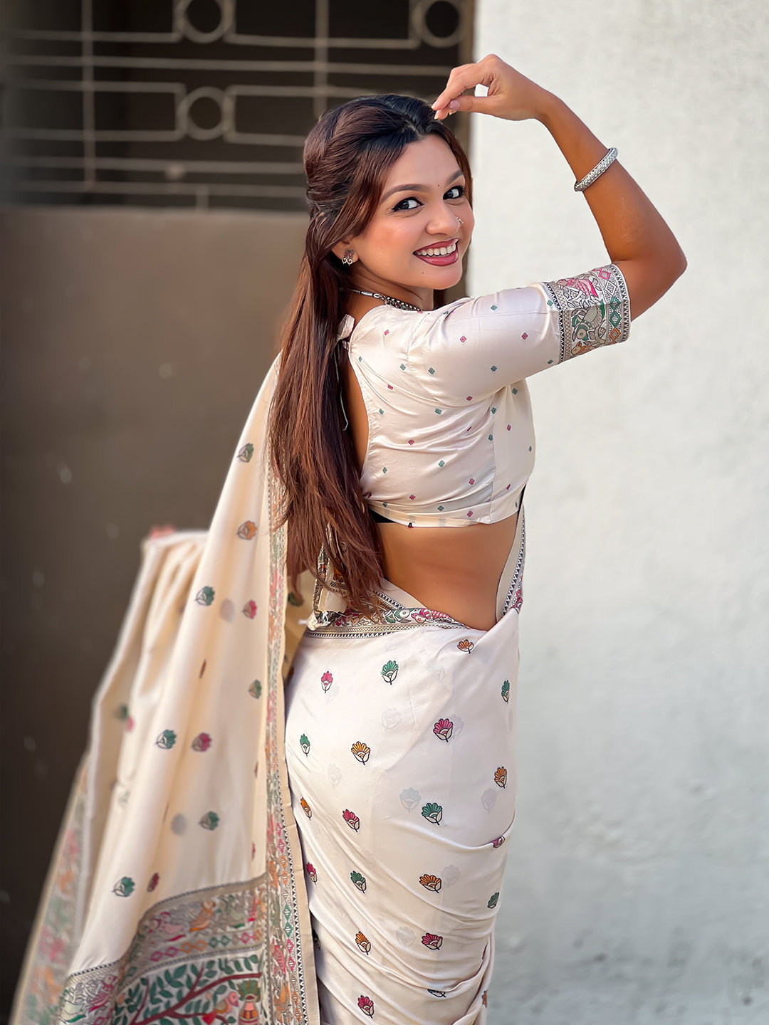 Cream baluchari silk zari woven saree