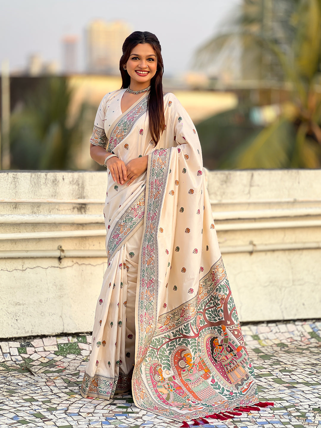 Cream baluchari silk zari woven saree