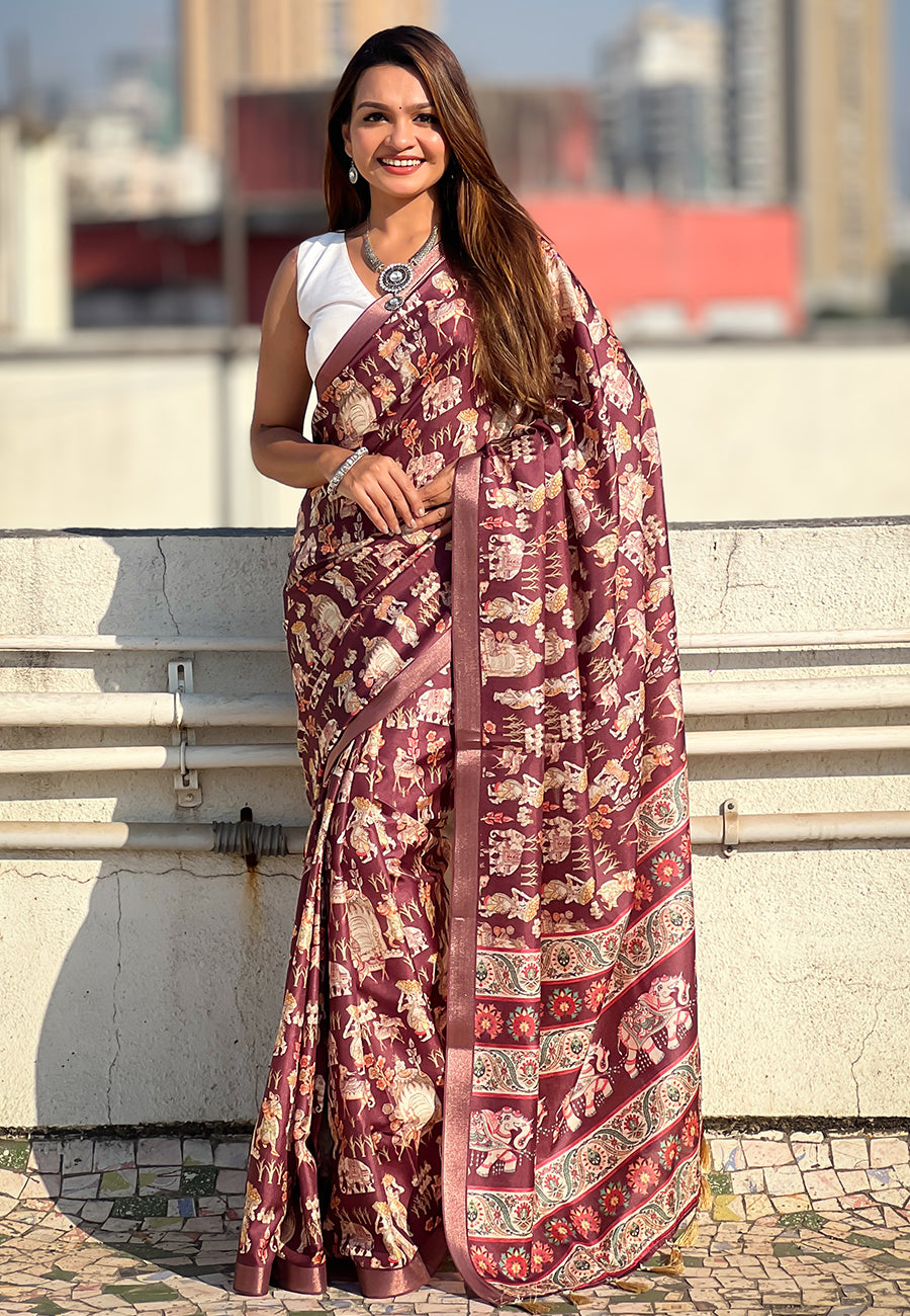 Dark brown tussar silk printed saree with zari woven border