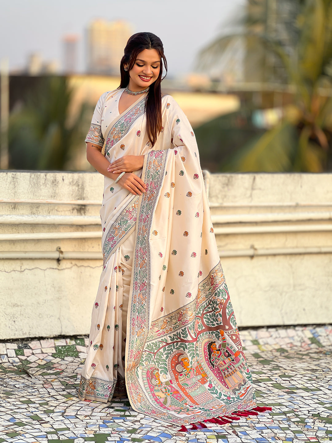 Cream baluchari silk zari woven saree