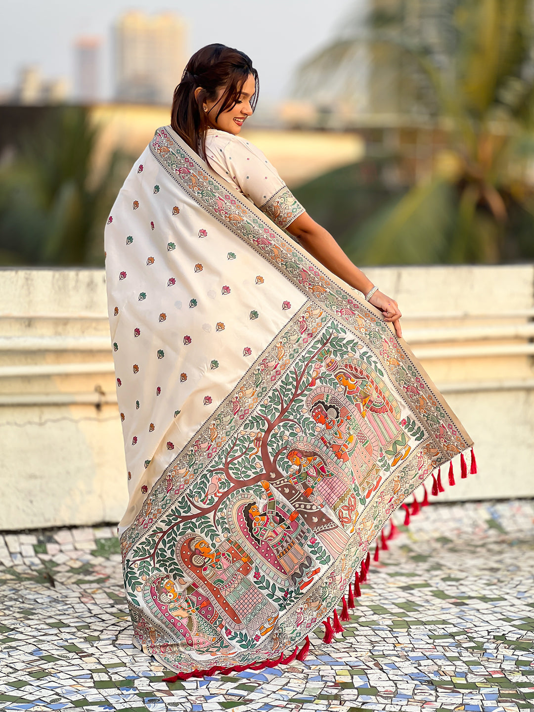 Cream baluchari silk zari woven saree
