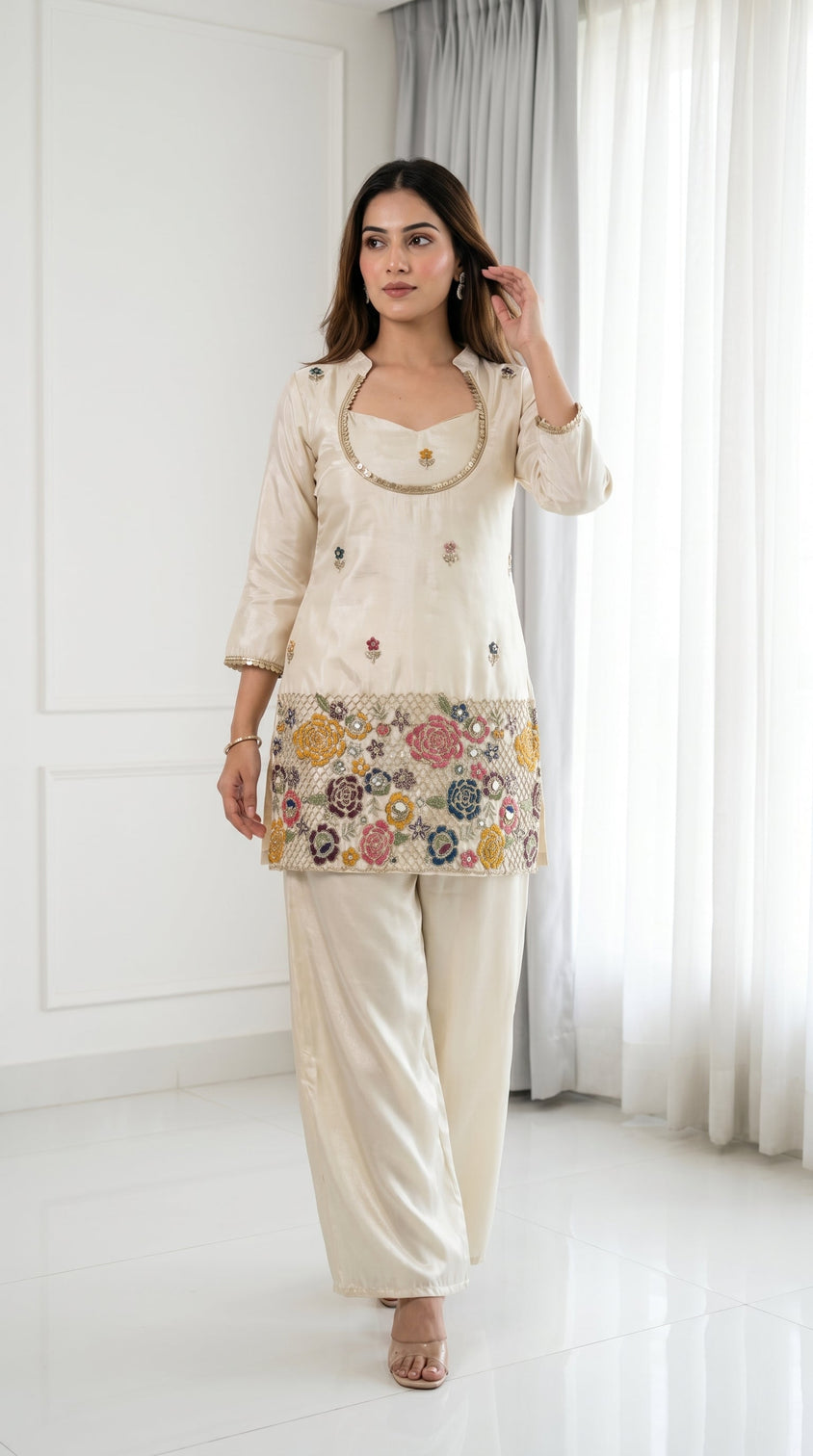 Ivory cream embroidered kurta set with bustier palazzo for women festive ethnic wear
