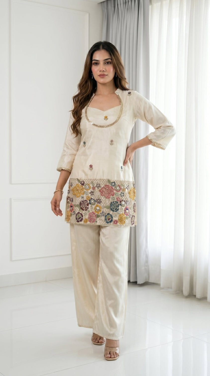 Ivory cream embroidered kurta set with bustier palazzo for women festive ethnic wear
