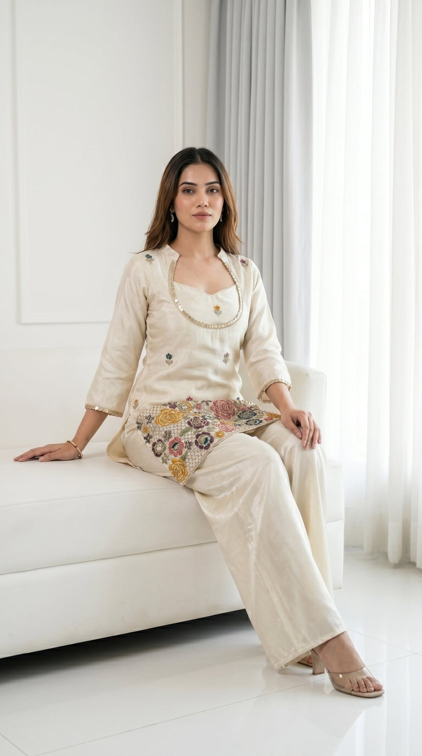 Ivory cream embroidered kurta set with bustier palazzo for women festive ethnic wear