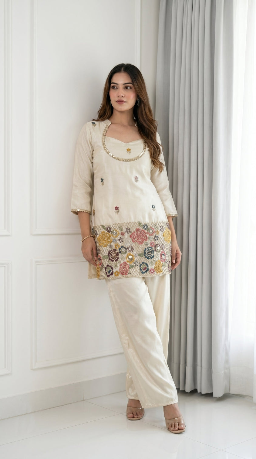 Ivory cream embroidered kurta set with bustier palazzo for women festive ethnic wear