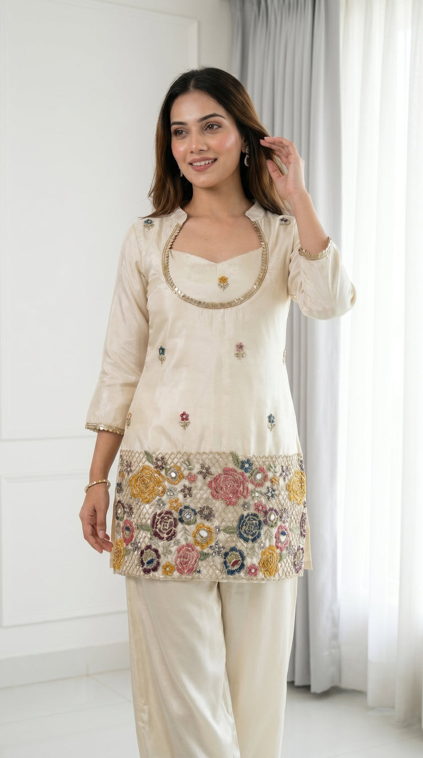 Ivory cream embroidered kurta set with bustier palazzo for women festive ethnic wear