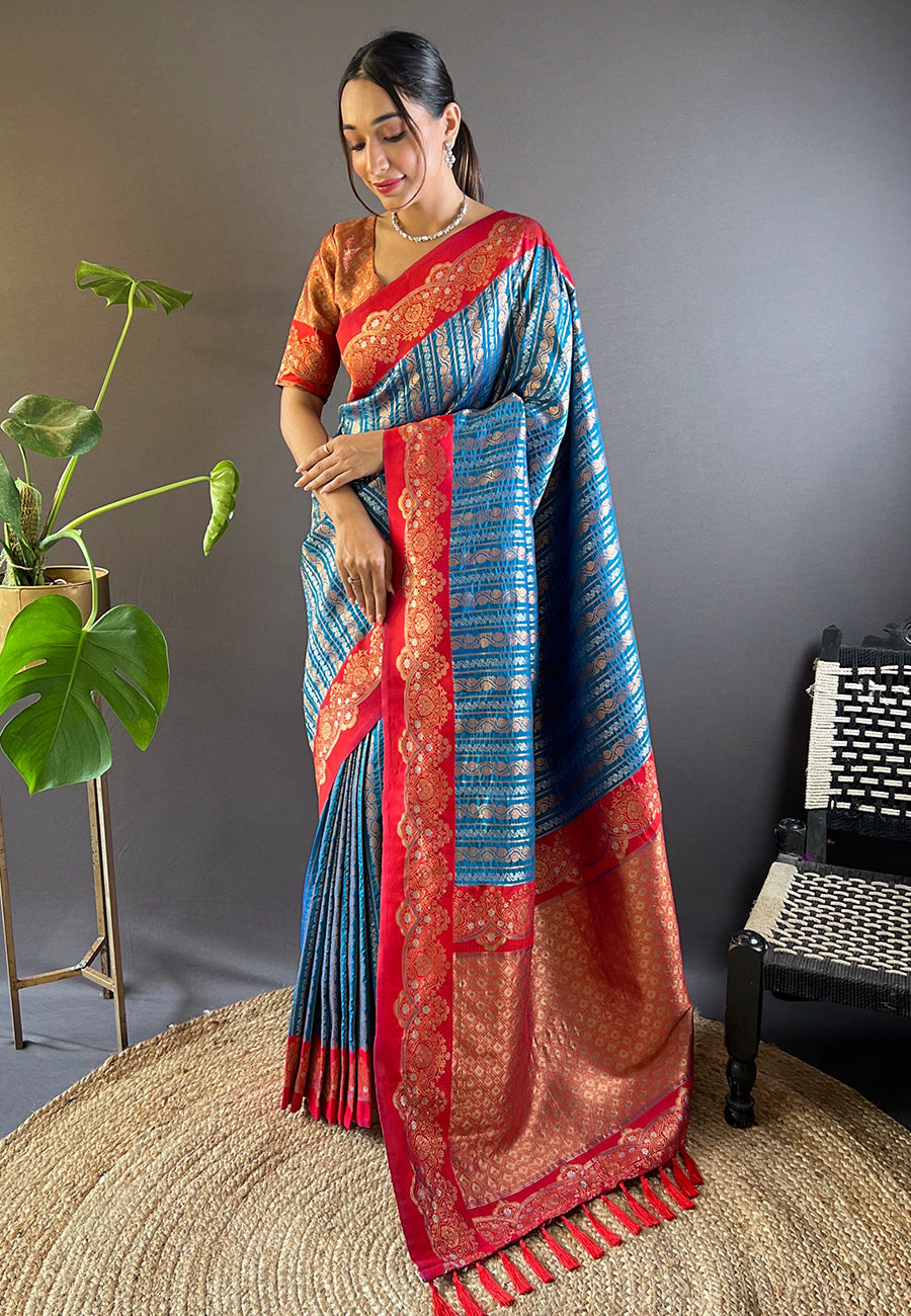 Blue contrast zari woven silk saree with satin unique border
