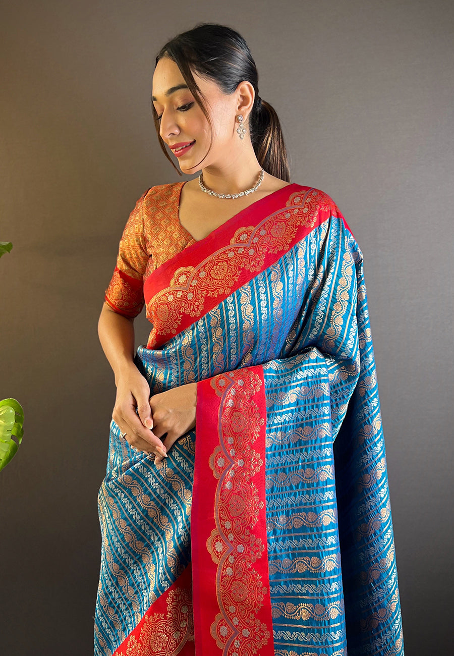 Blue contrast zari woven silk saree with satin unique border
