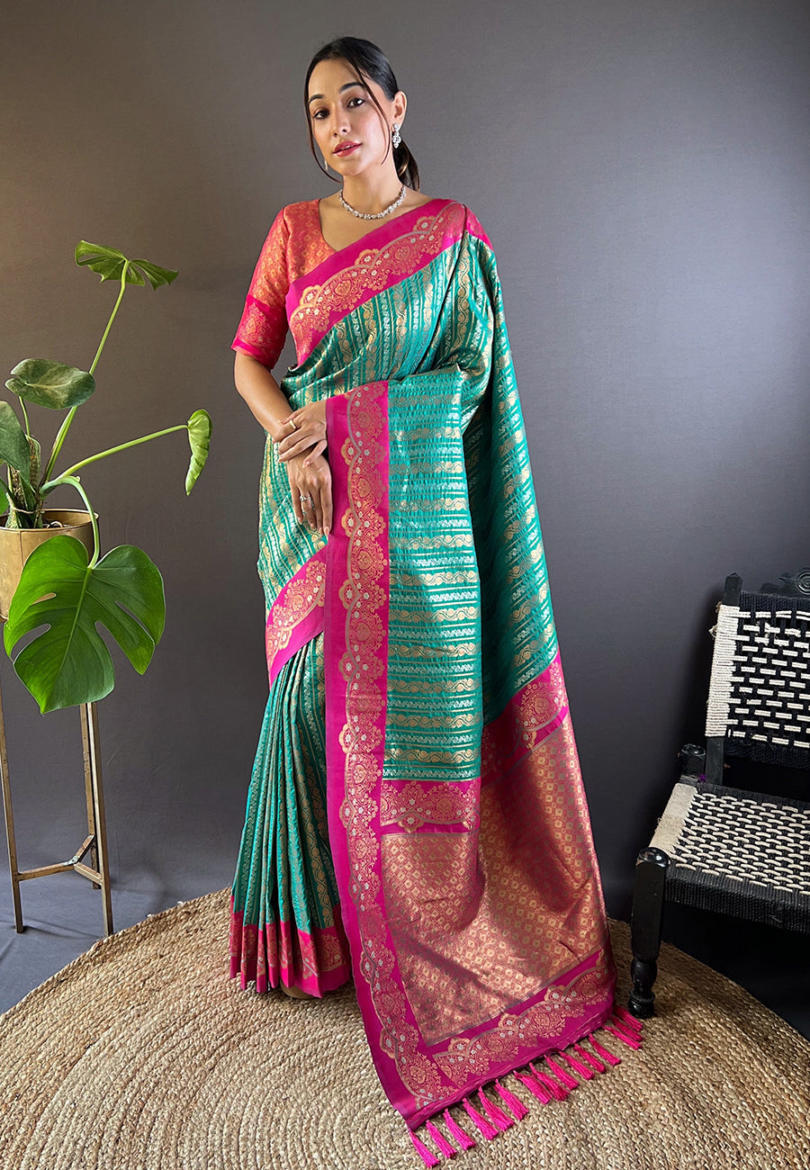 Green with pink contrast zari woven silk saree with satin unique border