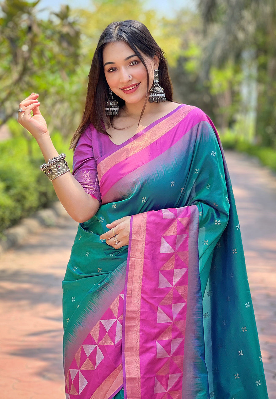 Green soft silk floral border contrast zari woven saree