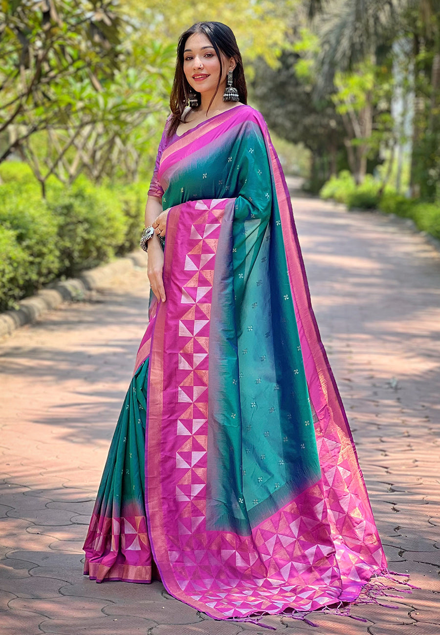 Green soft silk floral border contrast zari woven saree