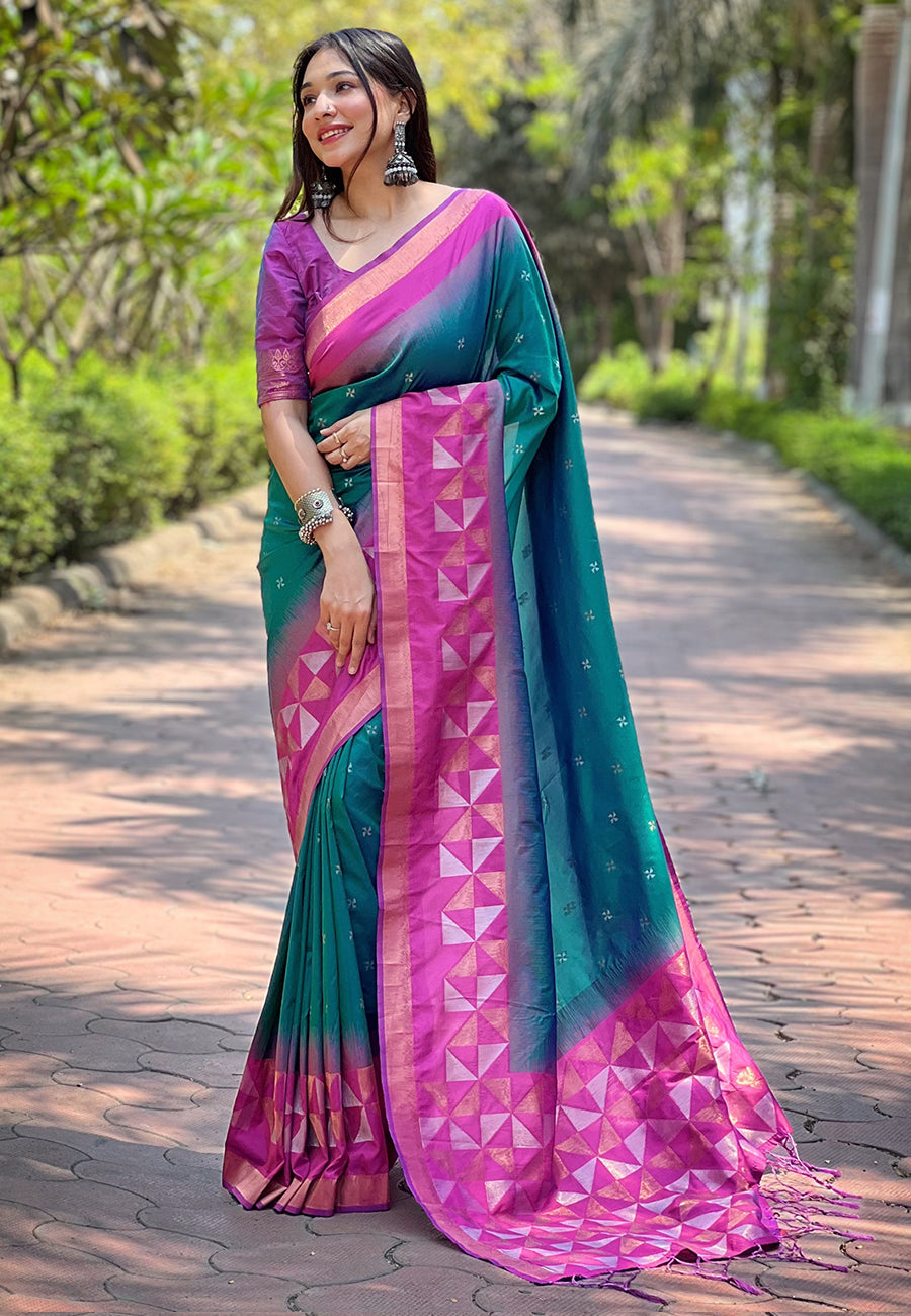 Green soft silk floral border contrast zari woven saree