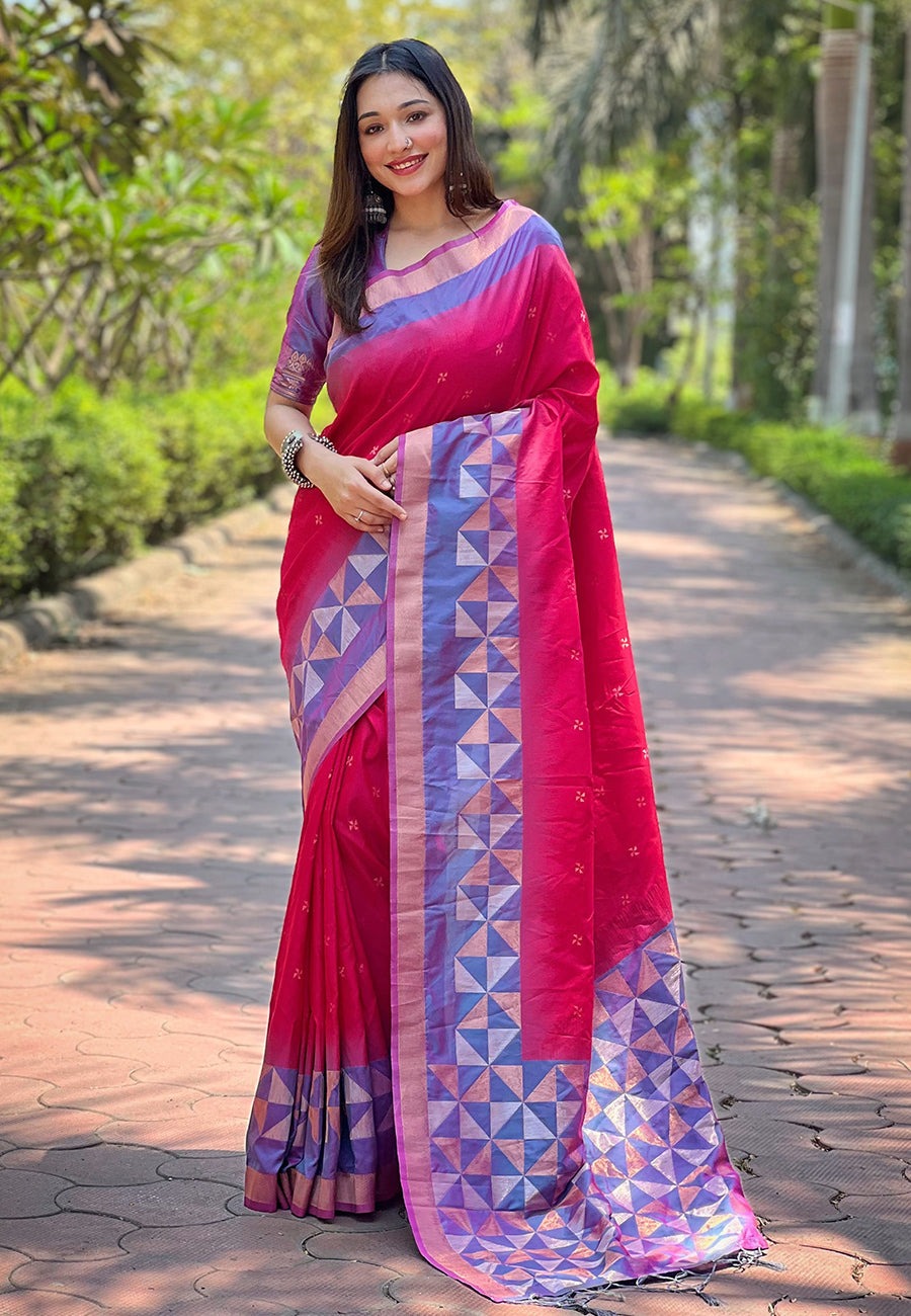 Hot pink soft silk floral border contrast zari woven saree