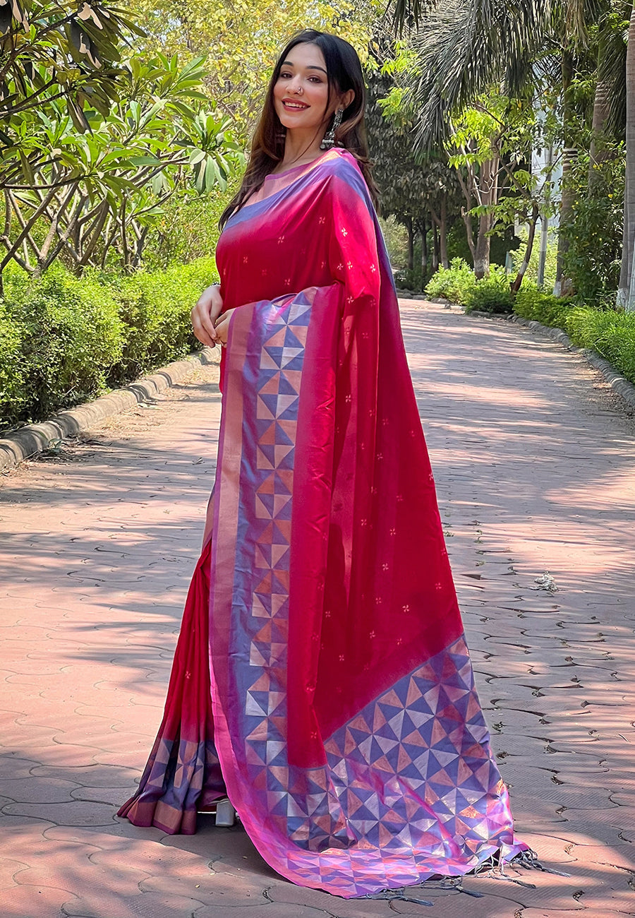 Hot pink soft silk floral border contrast zari woven saree