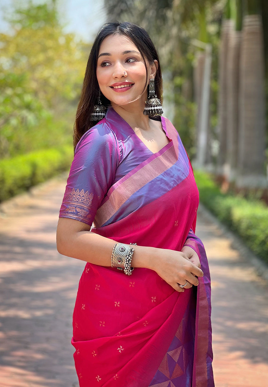 Hot pink soft silk floral border contrast zari woven saree