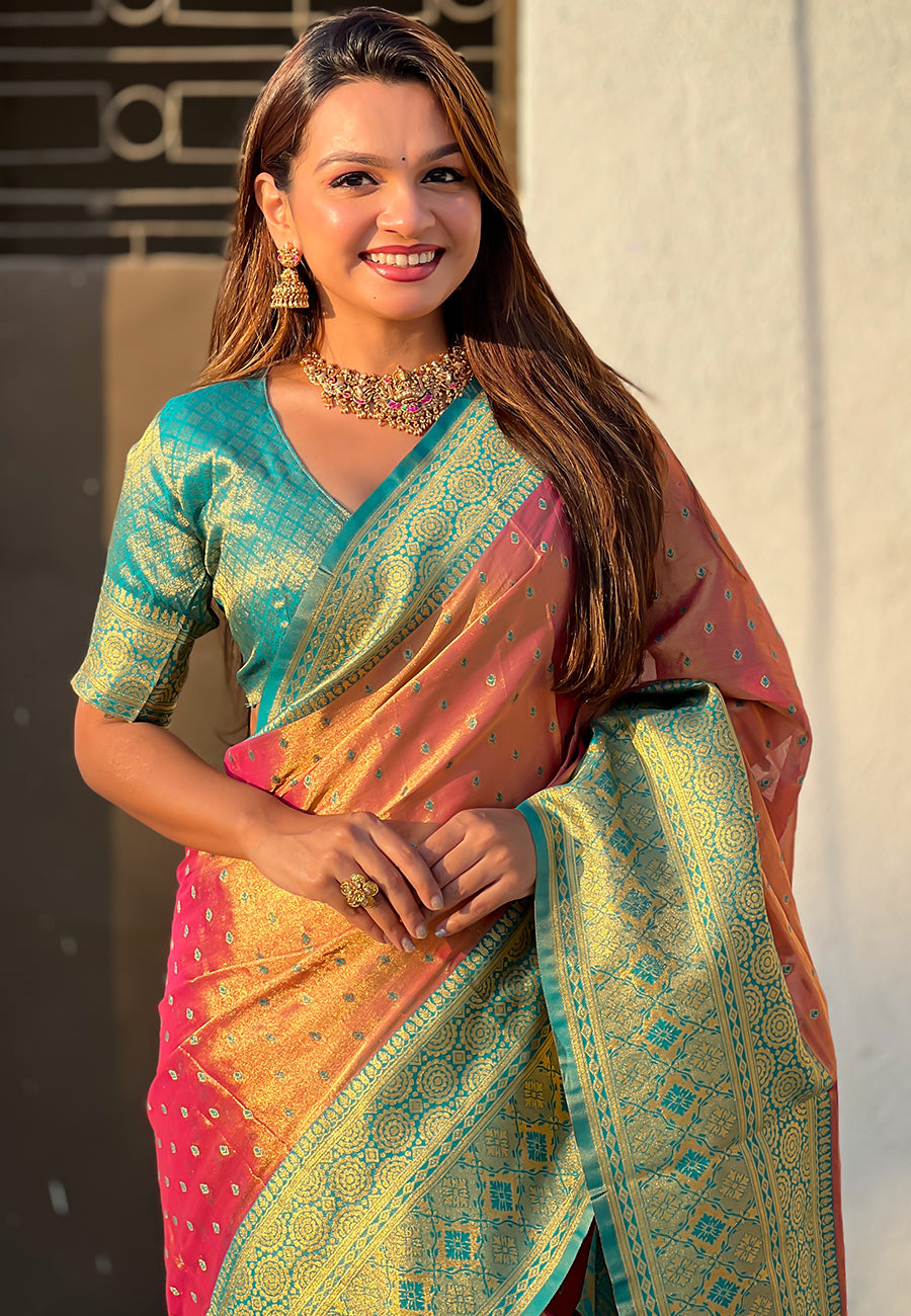 Pink pure tissue zari woven saree with contrast weaves