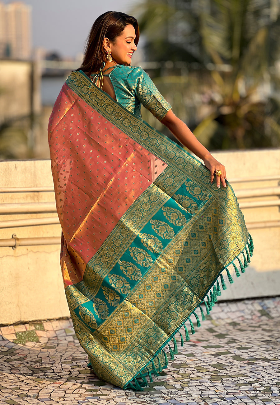 Pink pure tissue zari woven saree with contrast weaves