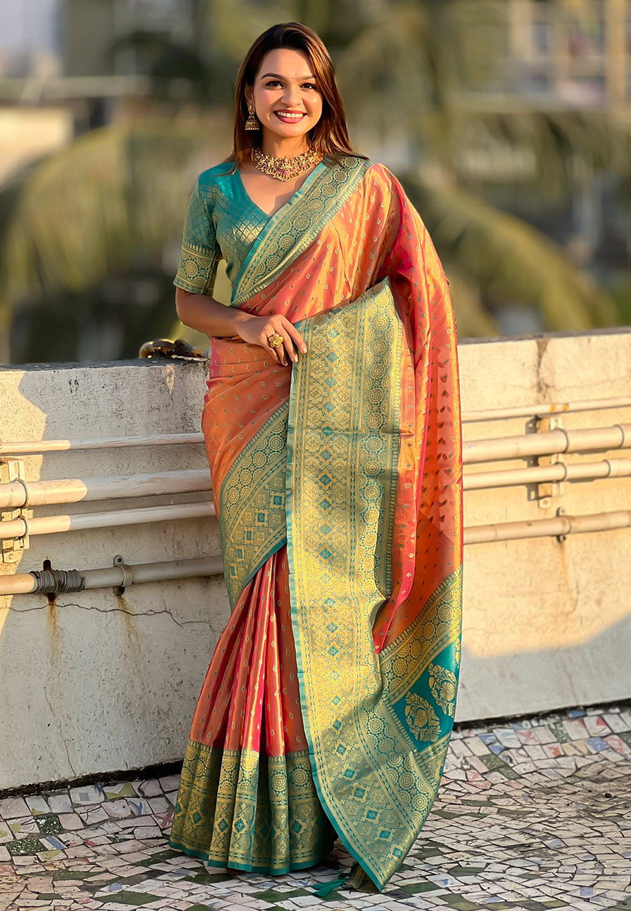 Pink pure tissue zari woven saree with contrast weaves