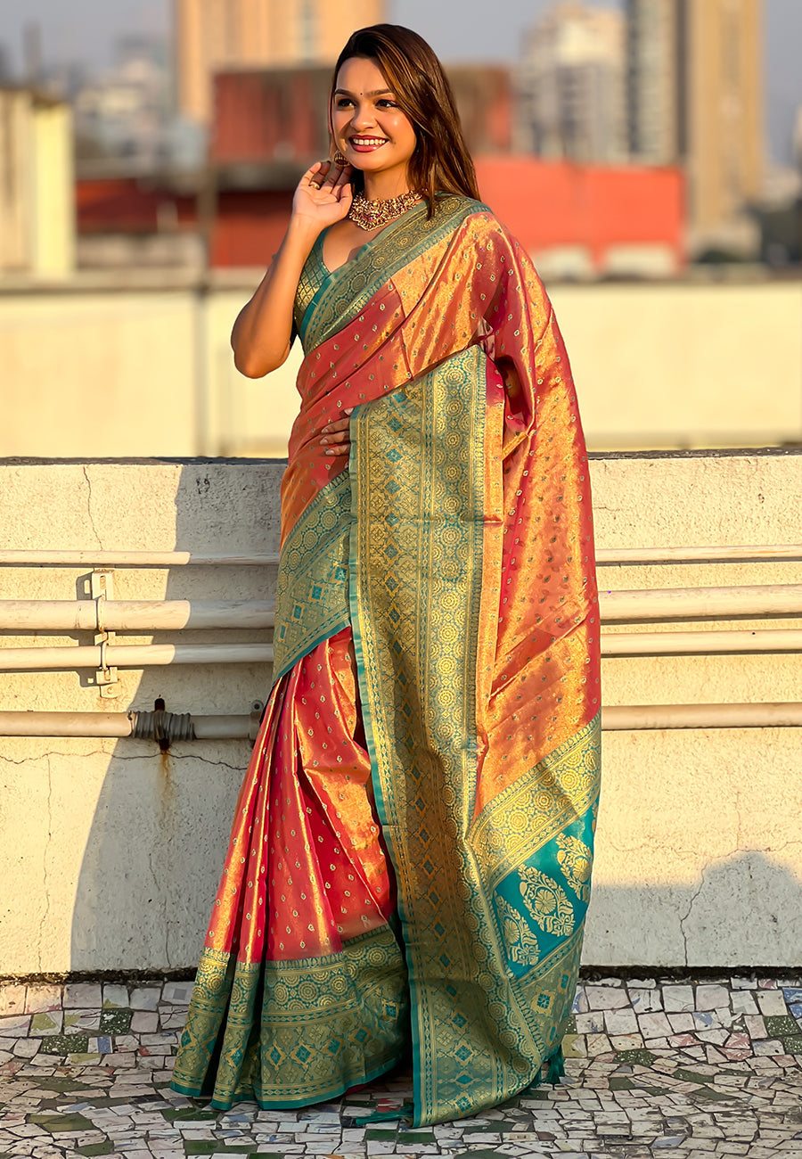 Pink pure tissue zari woven saree with contrast weaves