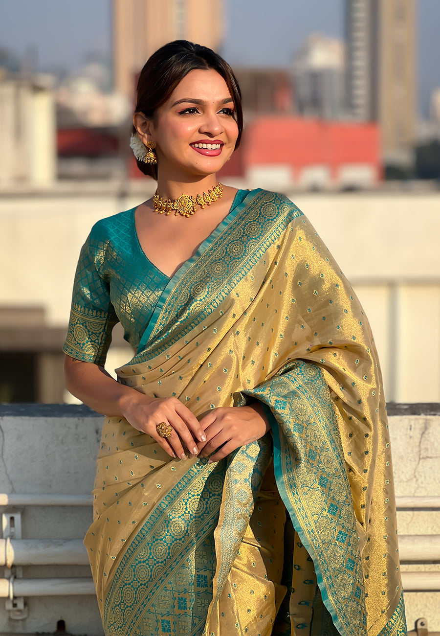 Chickoo pure tissue zari woven saree with contrast weaves