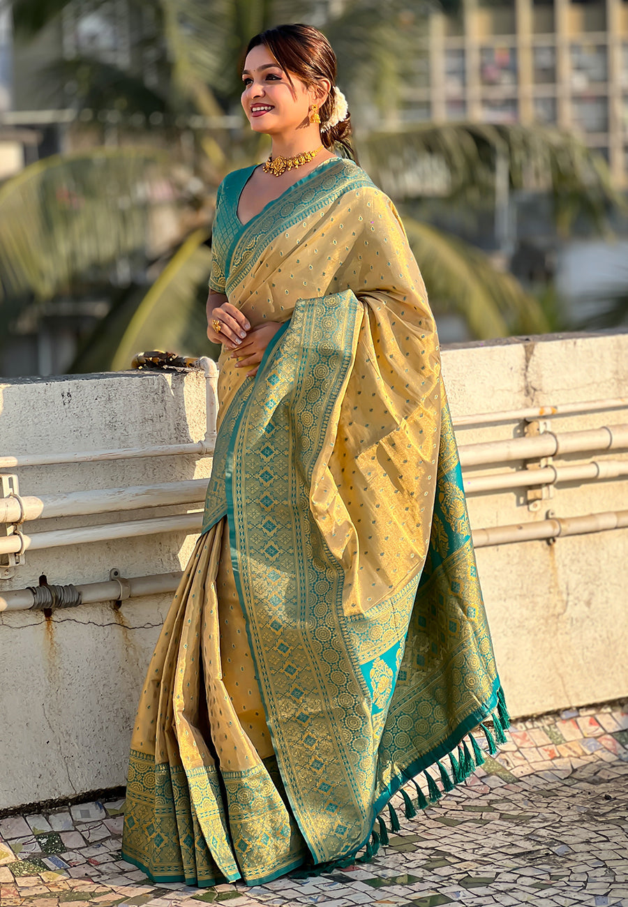 Chickoo pure tissue zari woven saree with contrast weaves