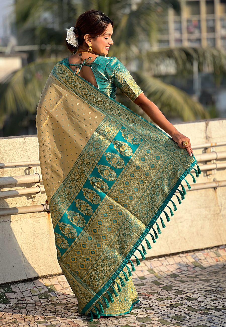 Chickoo pure tissue zari woven saree with contrast weaves