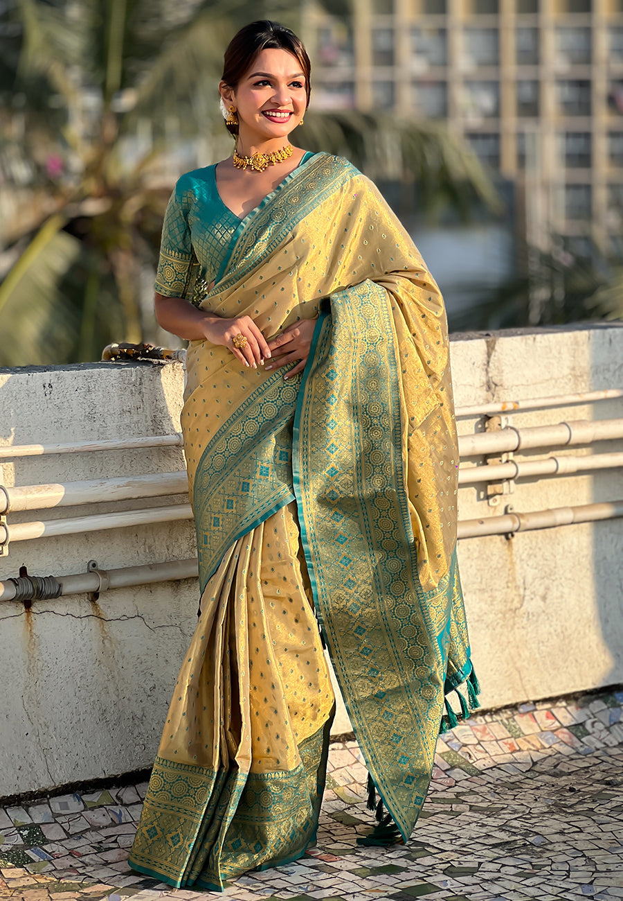 Chickoo pure tissue zari woven saree with contrast weaves