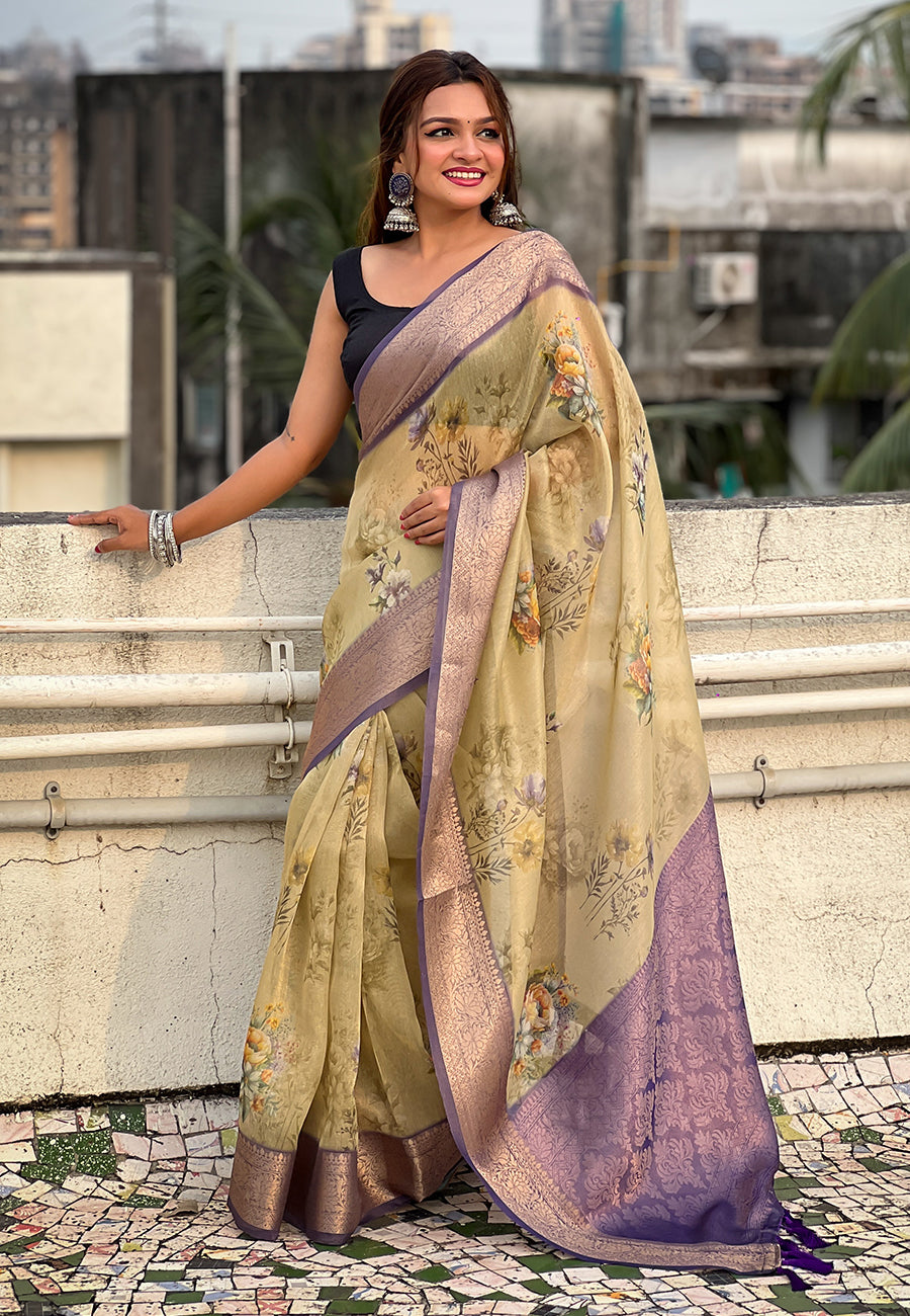 Green tissue crush silk floral printed saree with zari woven border