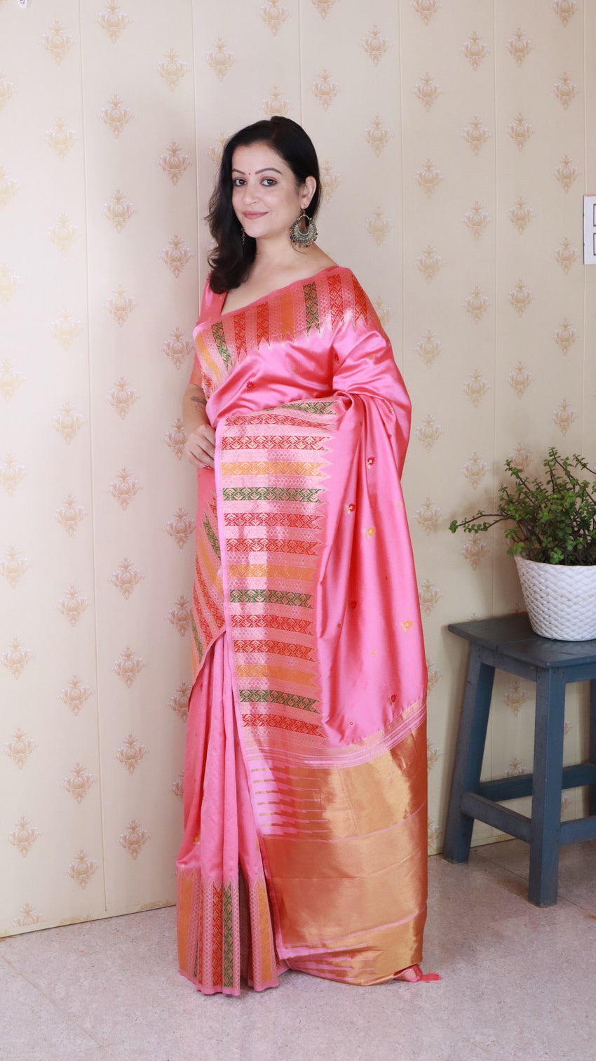 Baby pink soft silk meenakari zari woven saree with temple border