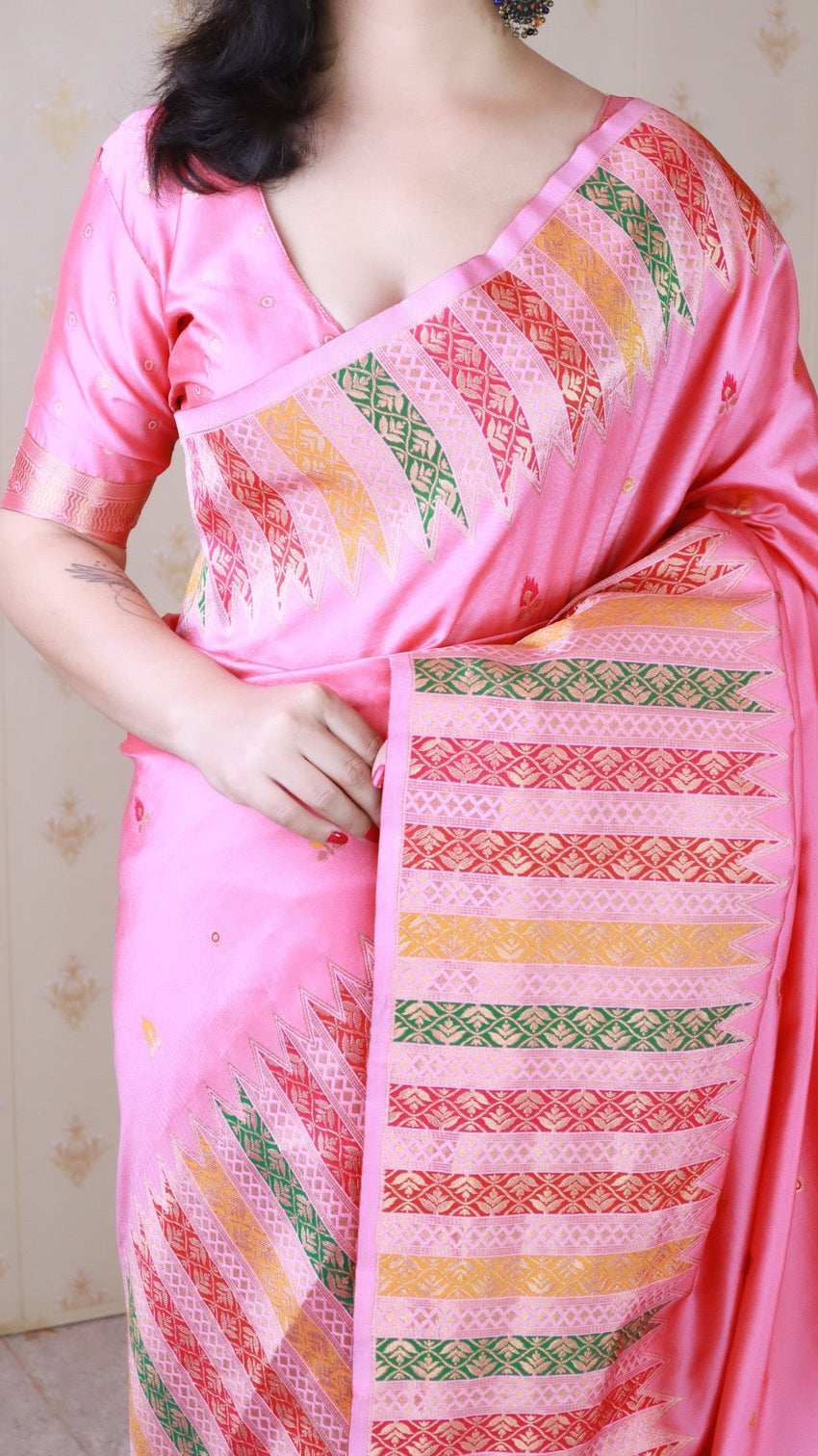 Baby pink soft silk meenakari zari woven saree with temple border