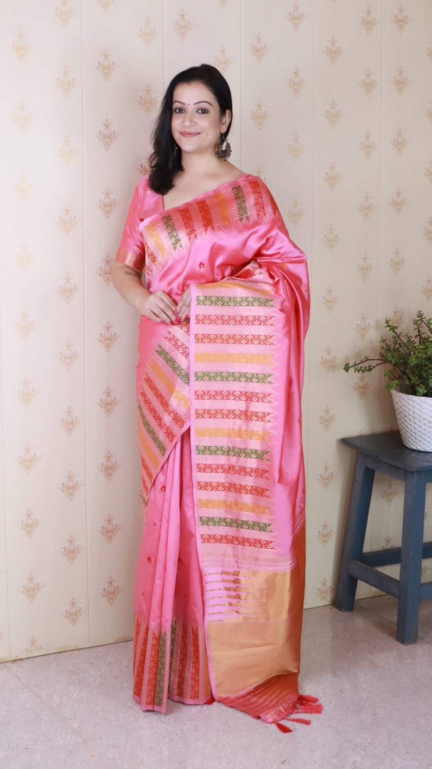 Baby pink soft silk meenakari zari woven saree with temple border