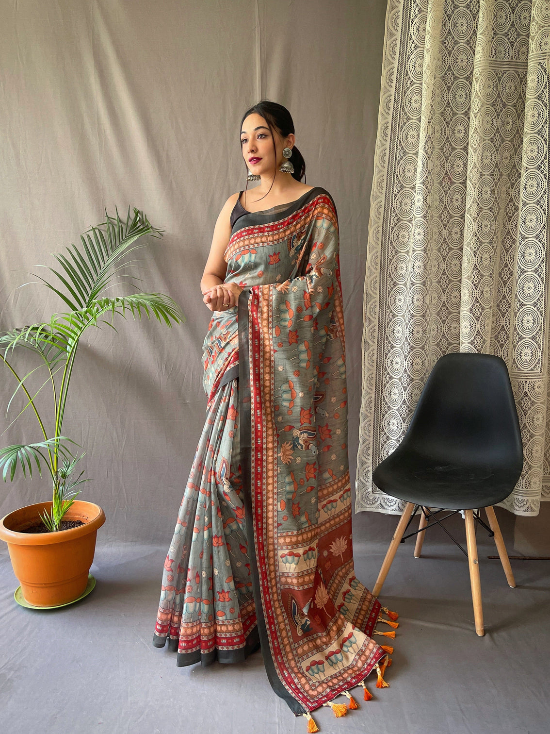 Greenish Grey Saree in Kadambari Cotton Kalamkari Print