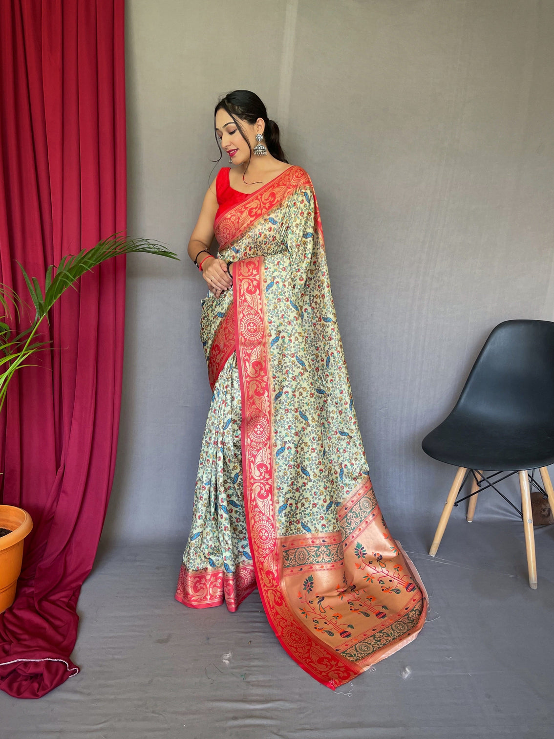 Pista Saree in Kalamkari Paithani Print