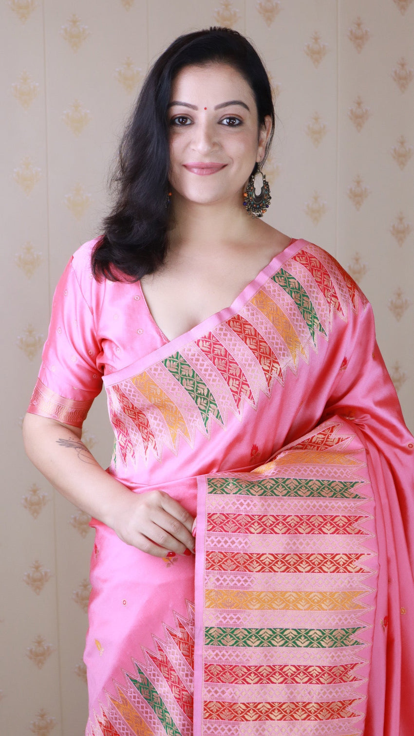 Baby pink soft silk meenakari zari woven saree with temple border