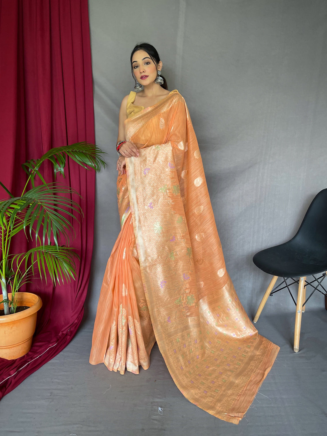 Peach Orange Saree in Cotton