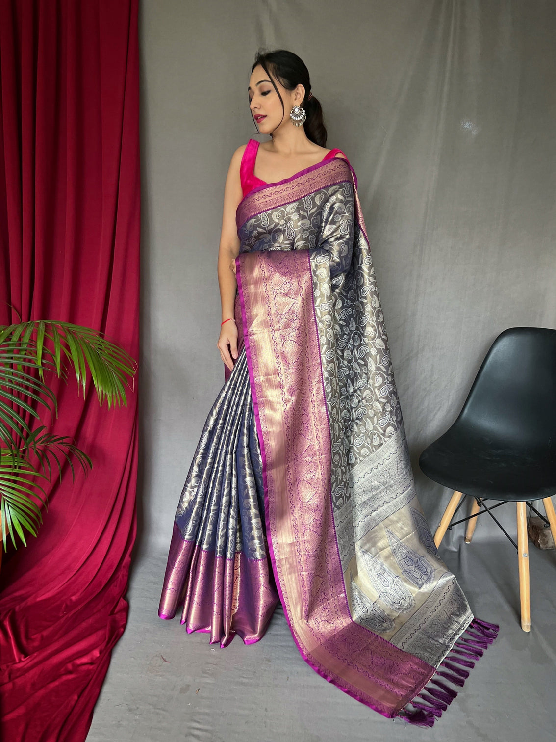 Smokey Grey Saree in Kanjeevaram Silk