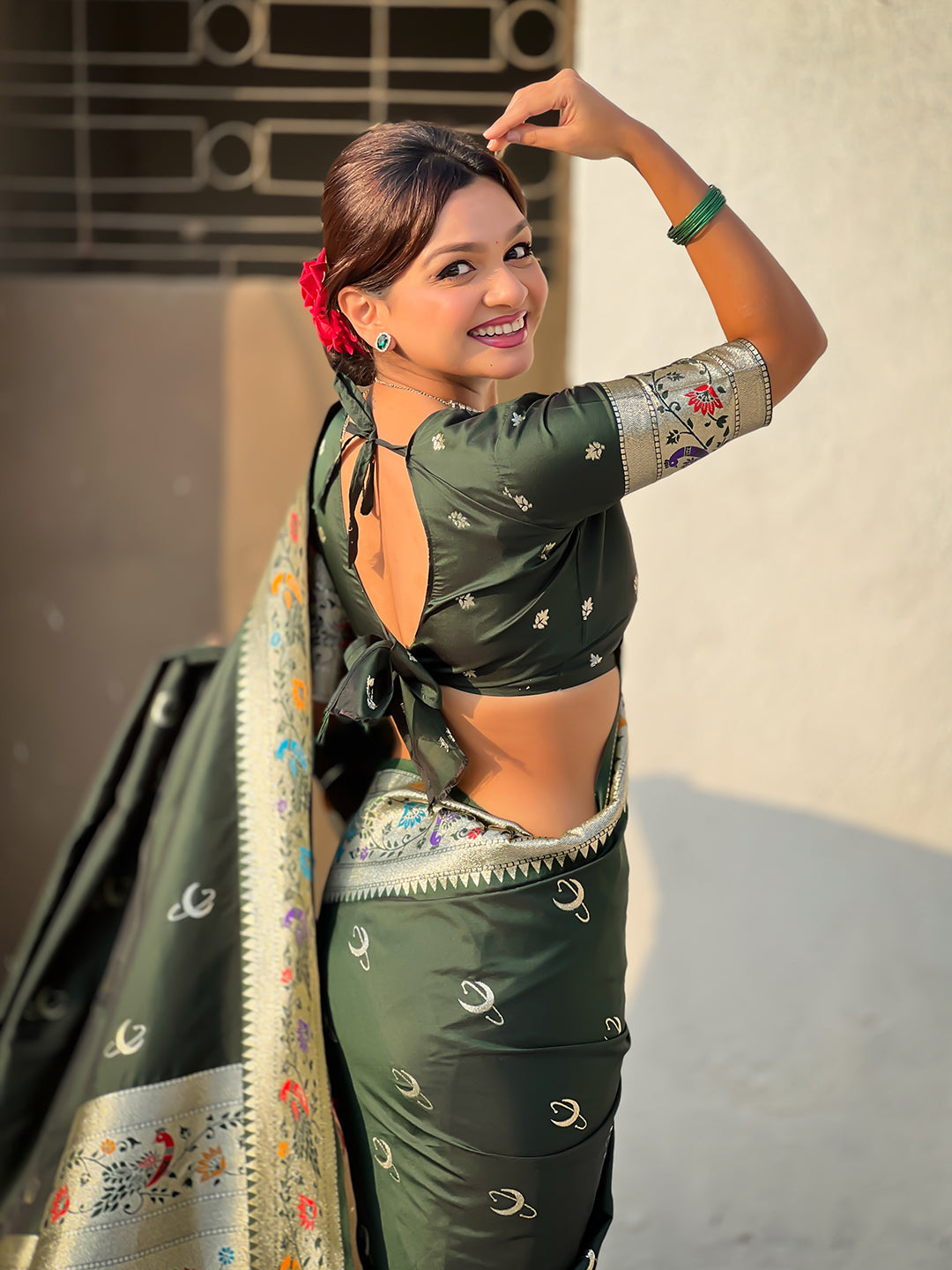 Bottlegreen chandrakor paithani silk banarasi zari woven saree