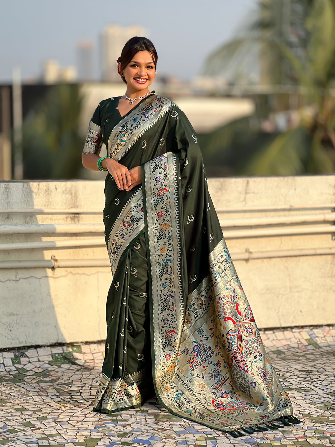 Bottlegreen chandrakor paithani silk banarasi zari woven saree