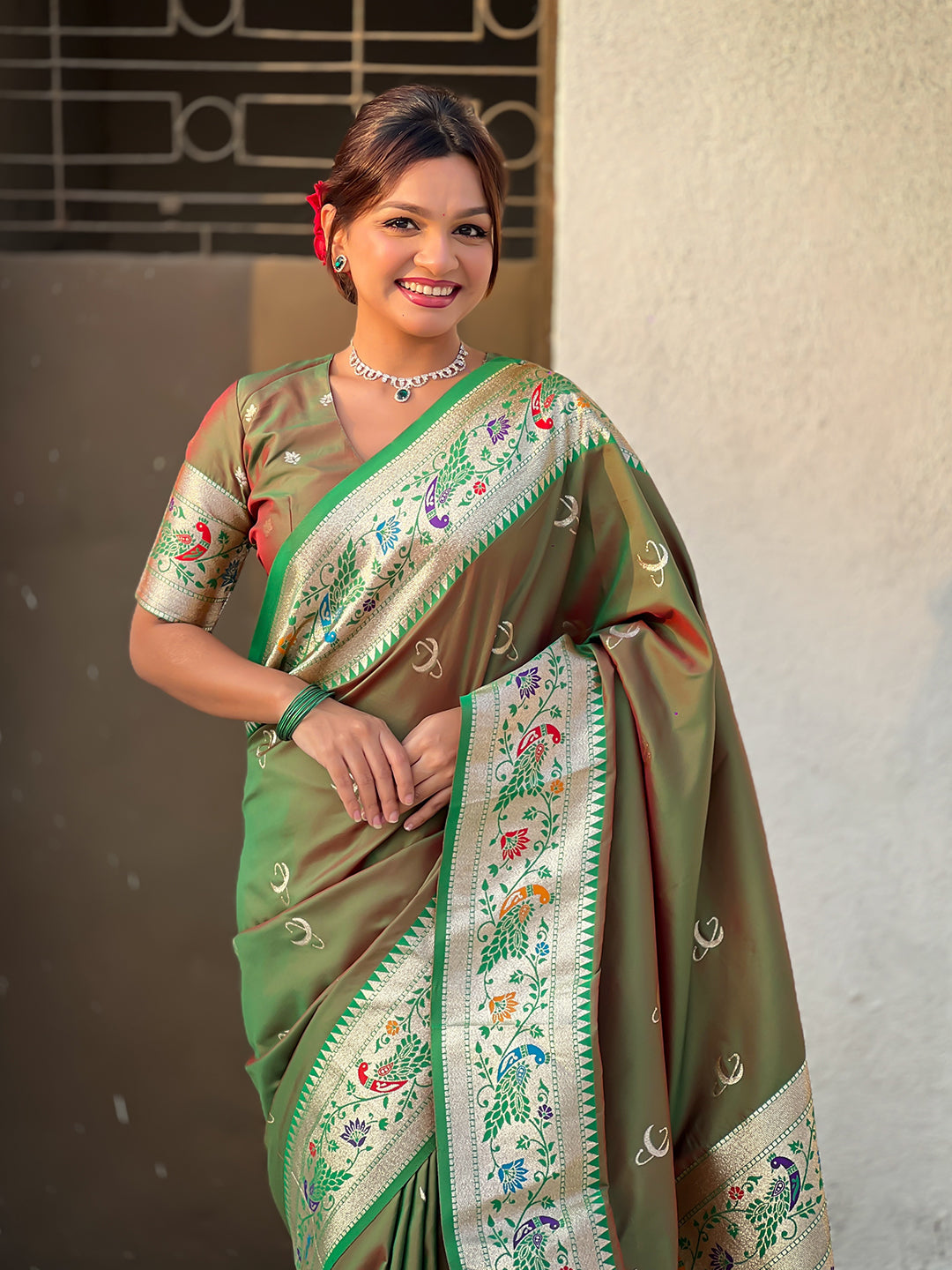 Mehendi green chandrakor paithani silk banarasi zari woven saree