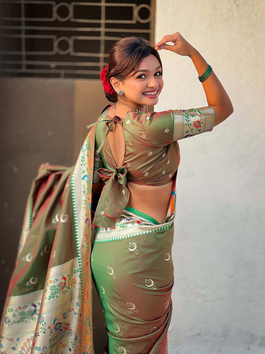 Mehendi green chandrakor paithani silk banarasi zari woven saree