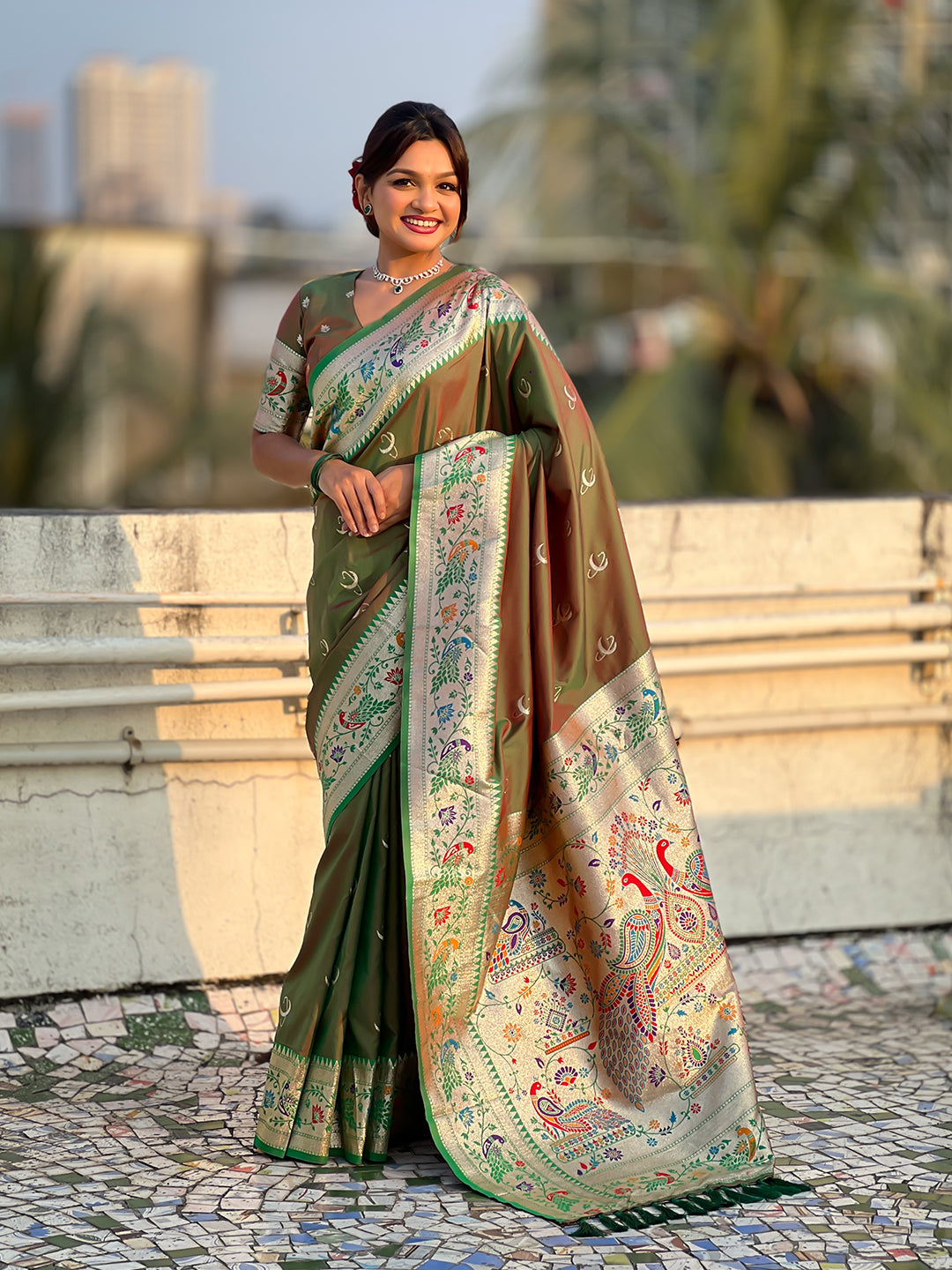 Mehendi green chandrakor paithani silk banarasi zari woven saree