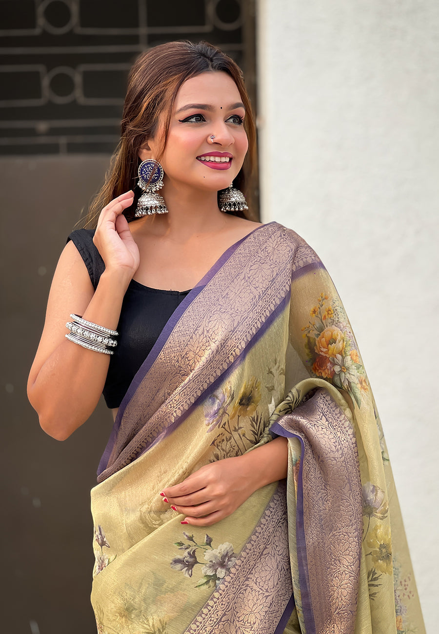 Green tissue crush silk floral printed saree with zari woven border