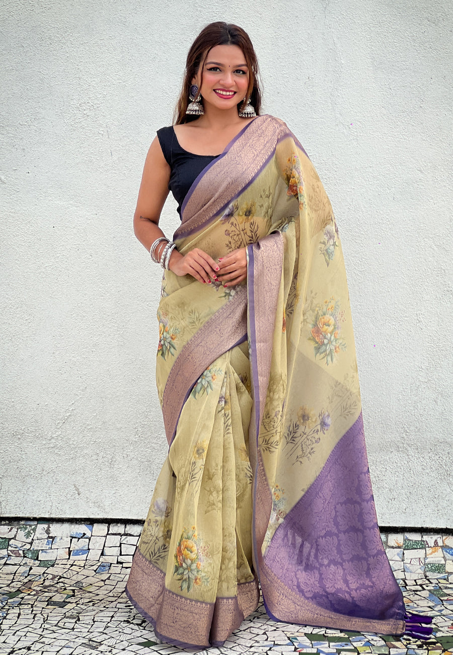 Green tissue crush silk floral printed saree with zari woven border
