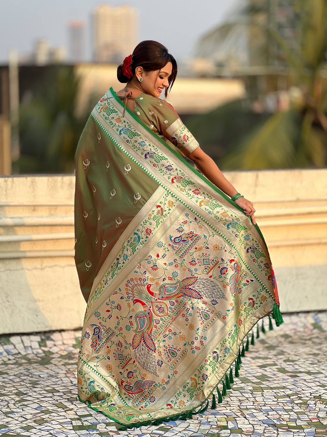 Mehendi green chandrakor paithani silk banarasi zari woven saree