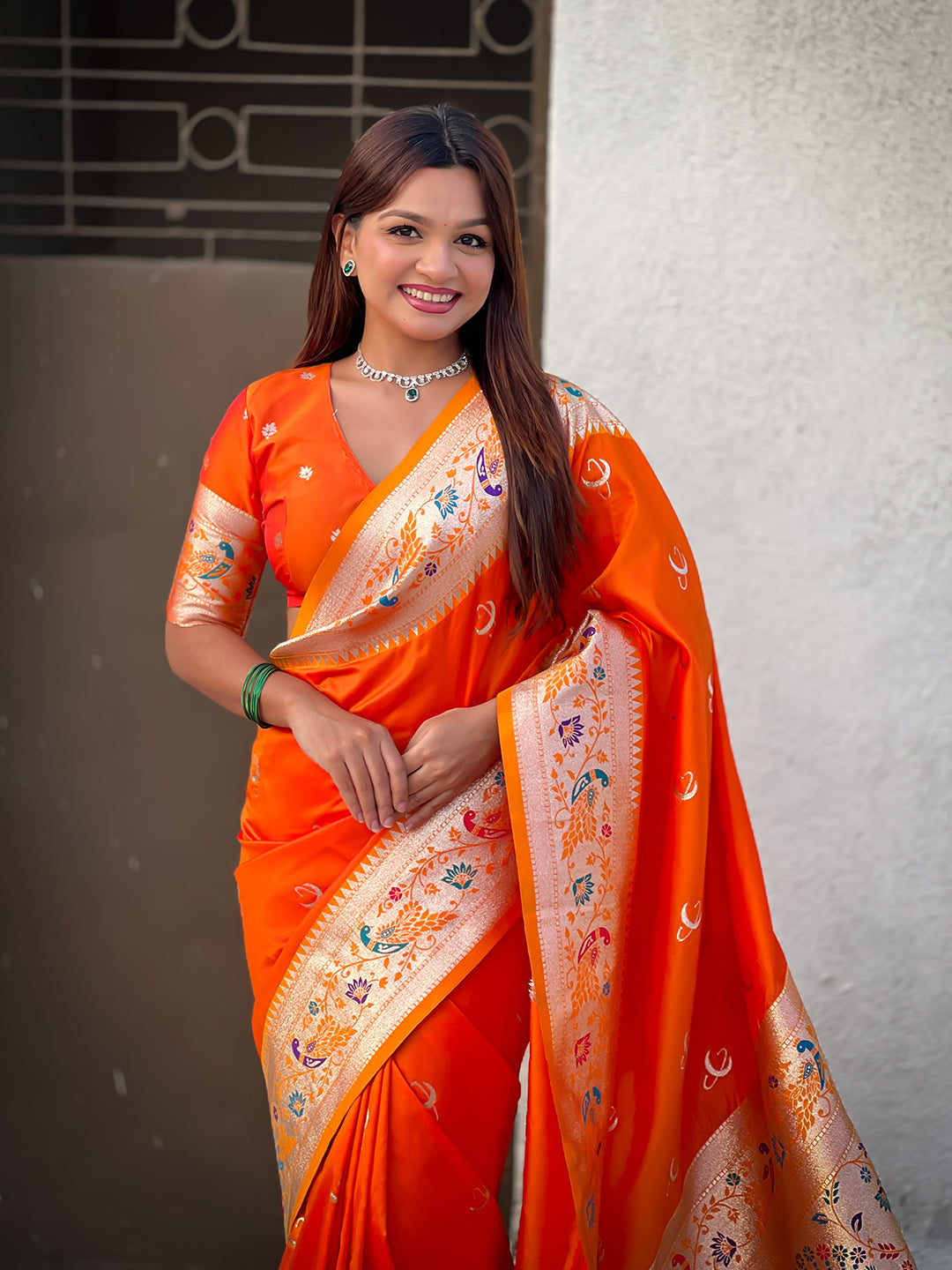 Orange chandrakor paithani silk banarasi zari woven saree