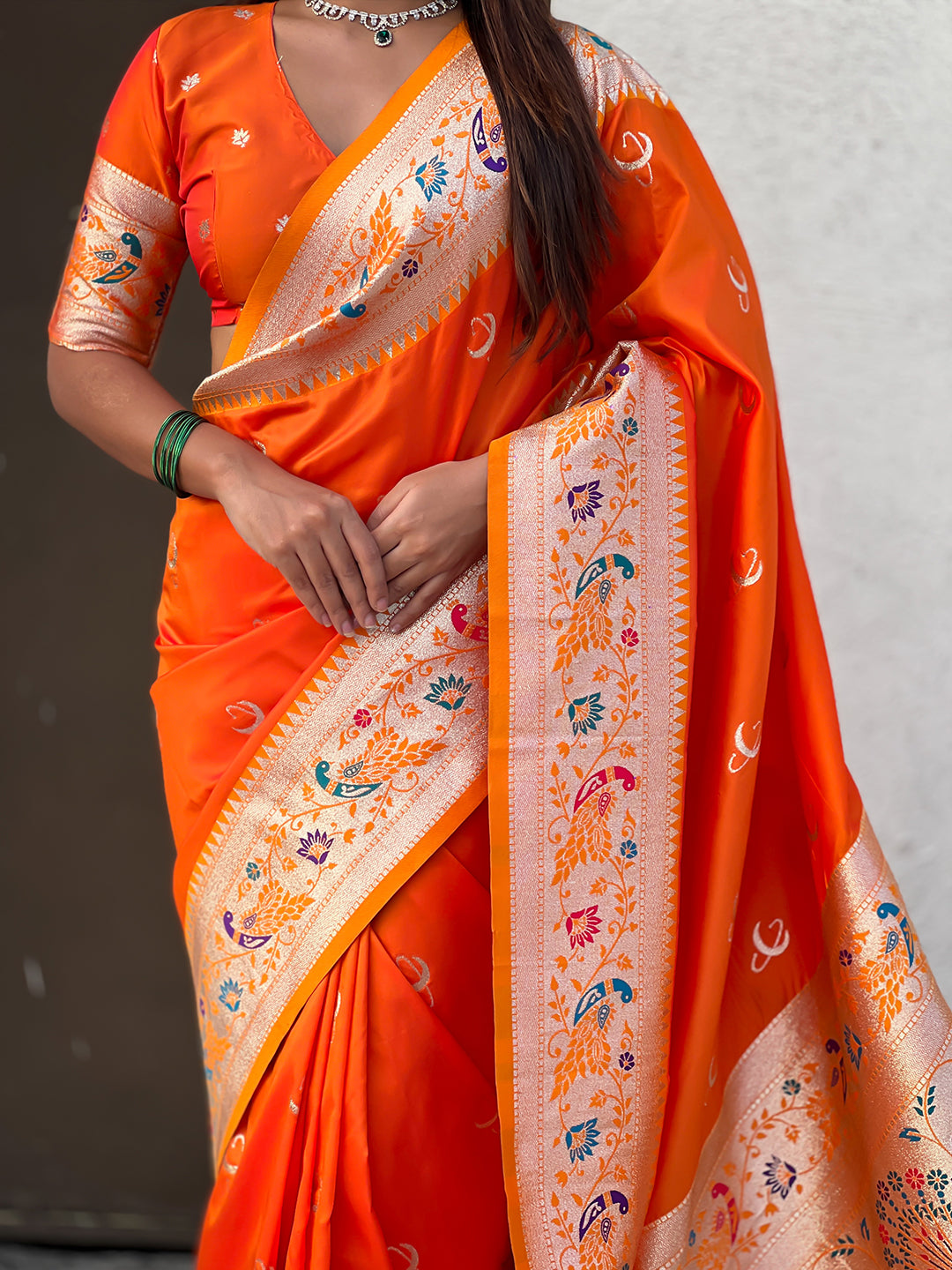 Orange chandrakor paithani silk banarasi zari woven saree
