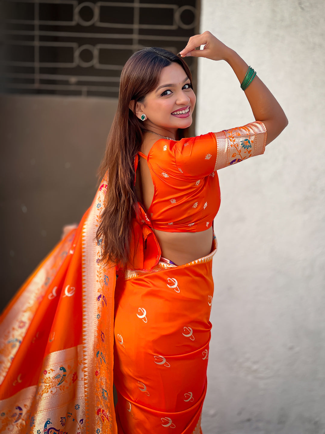 Orange chandrakor paithani silk banarasi zari woven saree