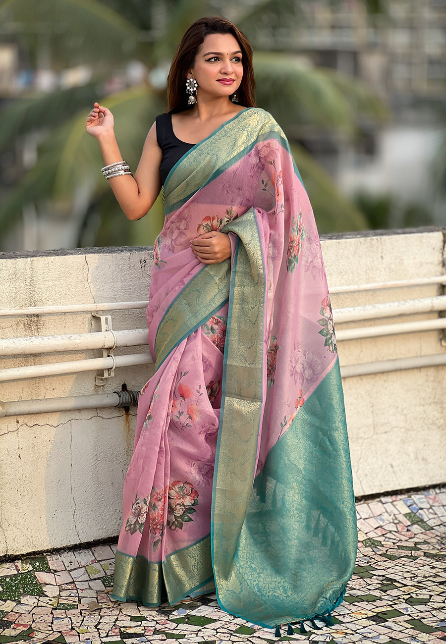 Baby pink tissue crush silk floral printed saree with zari woven border